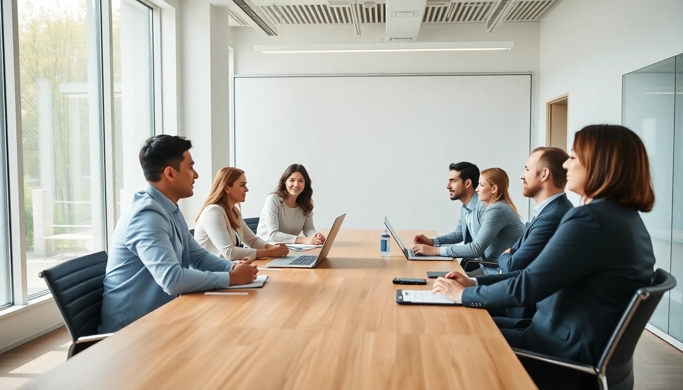 Mediation session in a modern conference room showcasing participants engaged in constructive dialogue.
