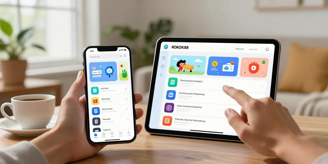 Explore rokok88 super on mobile devices, showcasing easy access to APKs and links in a cozy digital workspace.
