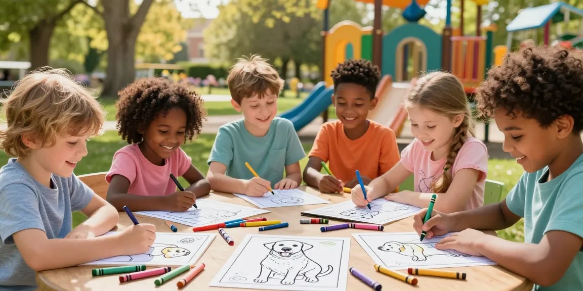 Easy coloring for preschoolers with children enjoying Labrador Retriever coloring pages in a bright park.