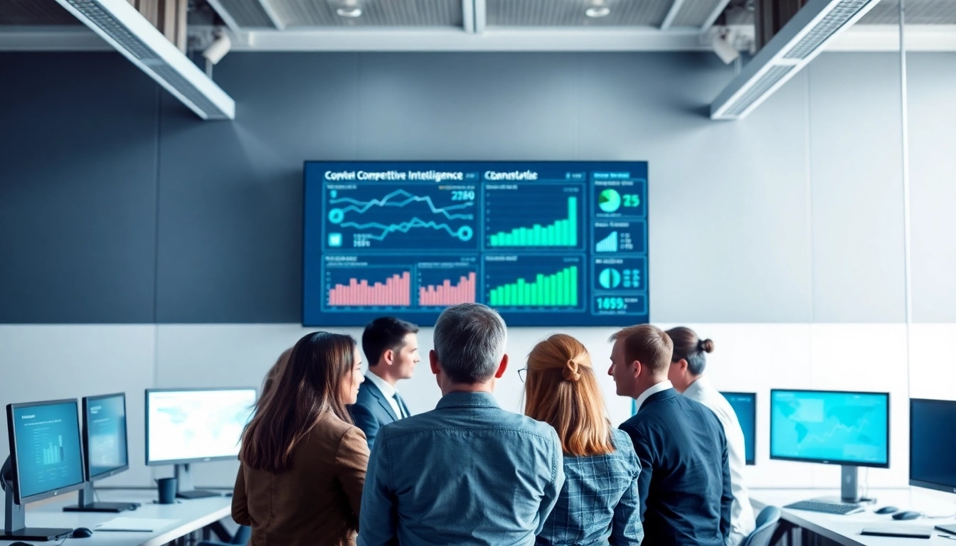 Visual representation of competitive intelligence faqs featuring professionals analyzing data and insights.