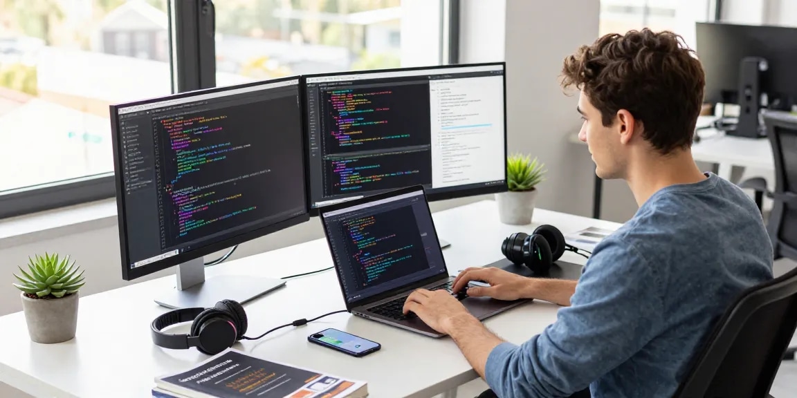 Developing in a vibrant workspace with Telegram中文版 on laptop, colorful code on screens.
