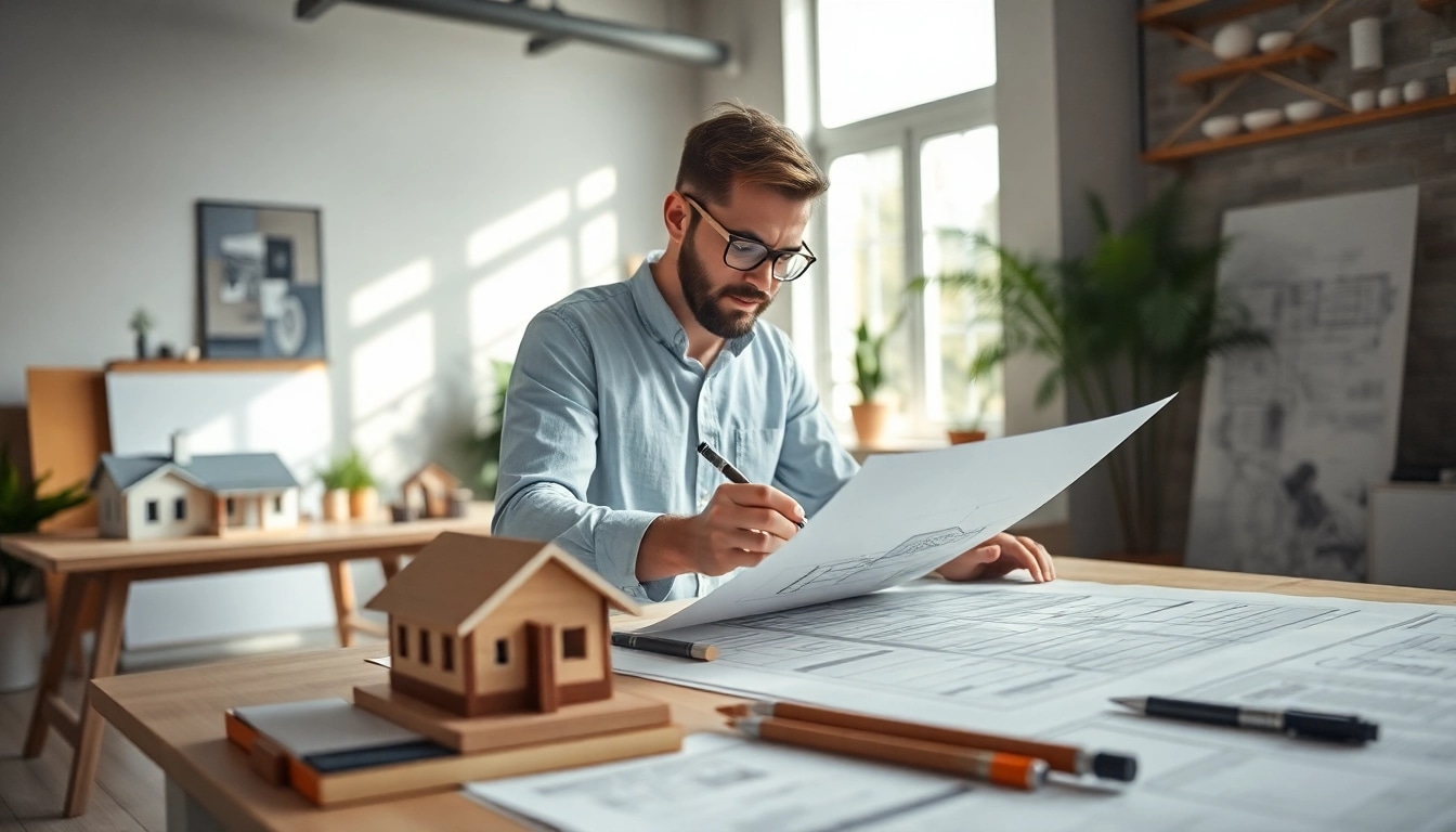 Residential architect designing a modern home in a bright studio with blueprints.