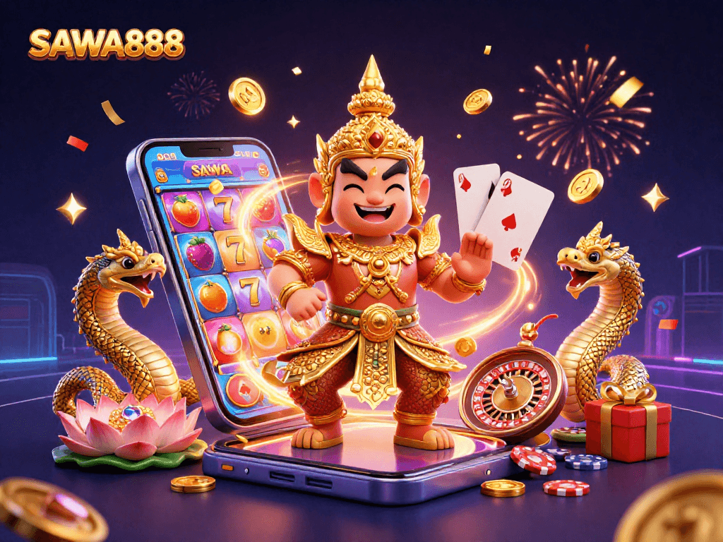 Experience thrilling moments with SAWA888's colorful slot games and casino elements in a vibrant 3D illustration.