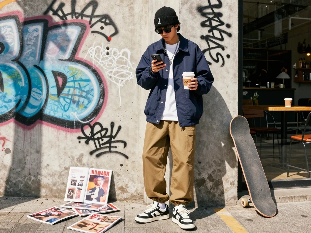 Fashionable individual in trendy 레플리카 streetwear against urban backdrop.