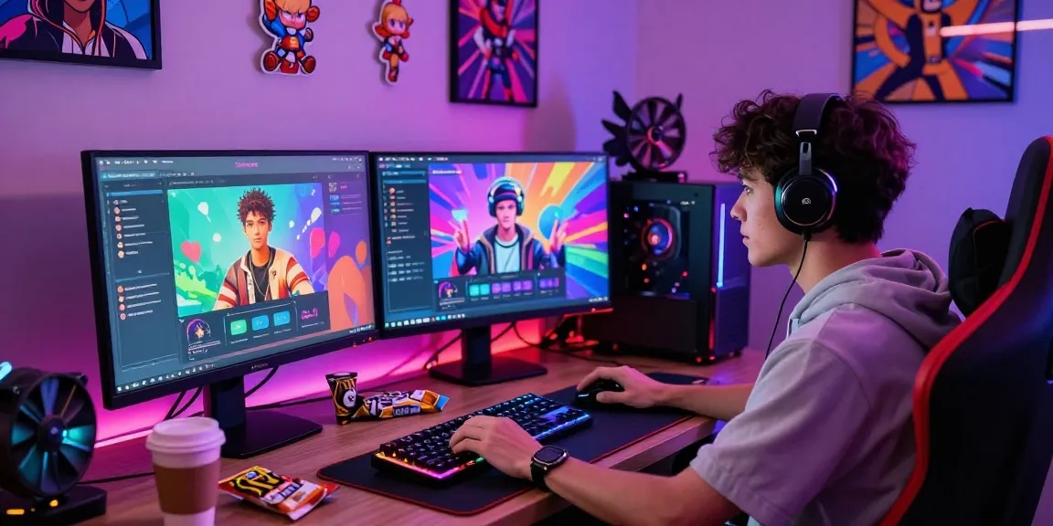 Engaging gamer interacting with Status AI app in vibrant virtual landscape, showcasing avatars and fandoms.