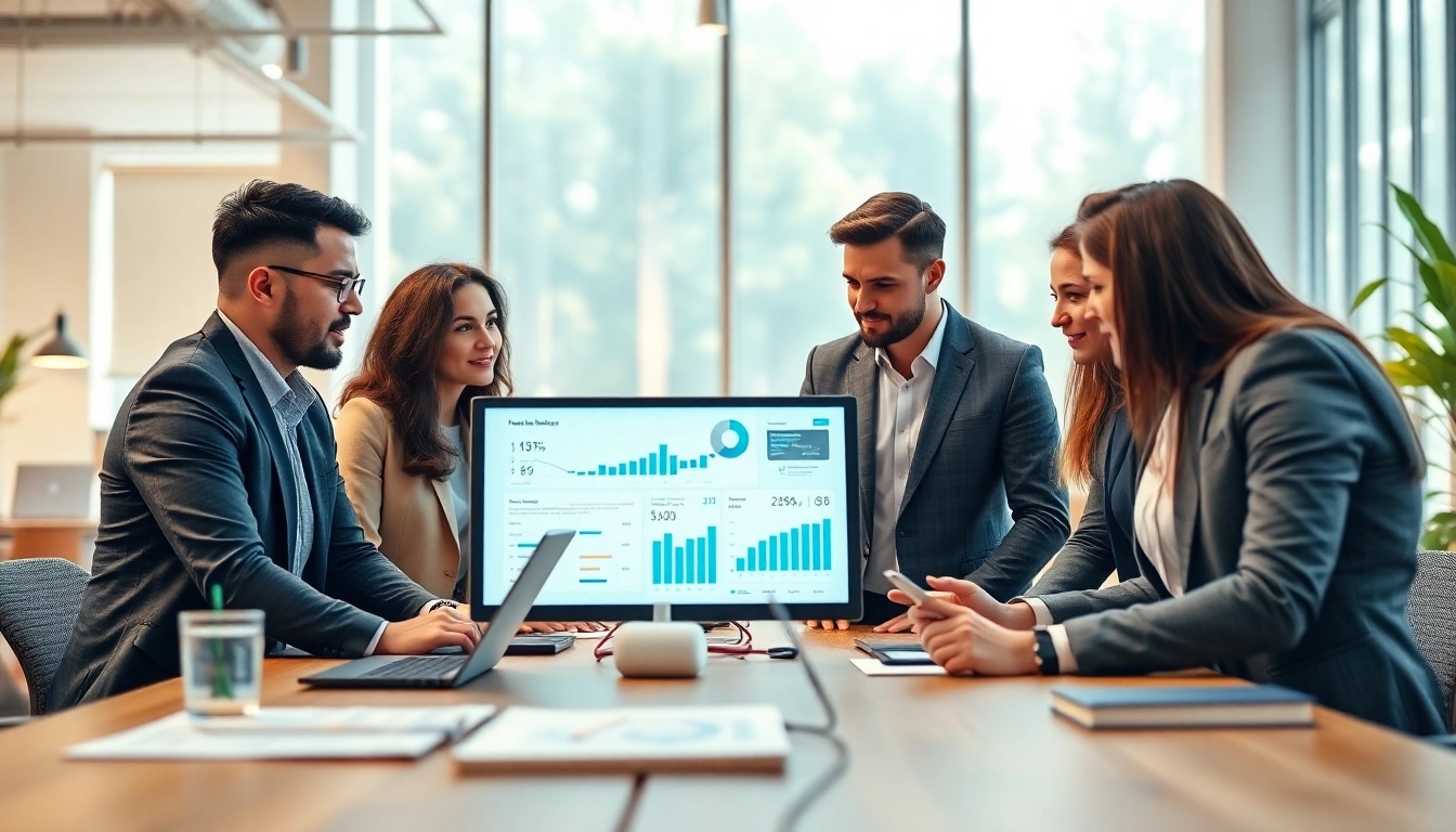 Engaging sales professionals collaborating to hire reps by industry in a modern office setting.