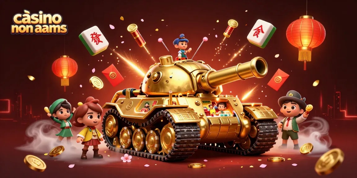 Gioca ai Casinò Non AAMS: Mini casino all'interno di un carro armato d'oro animato con elementi festivi.
