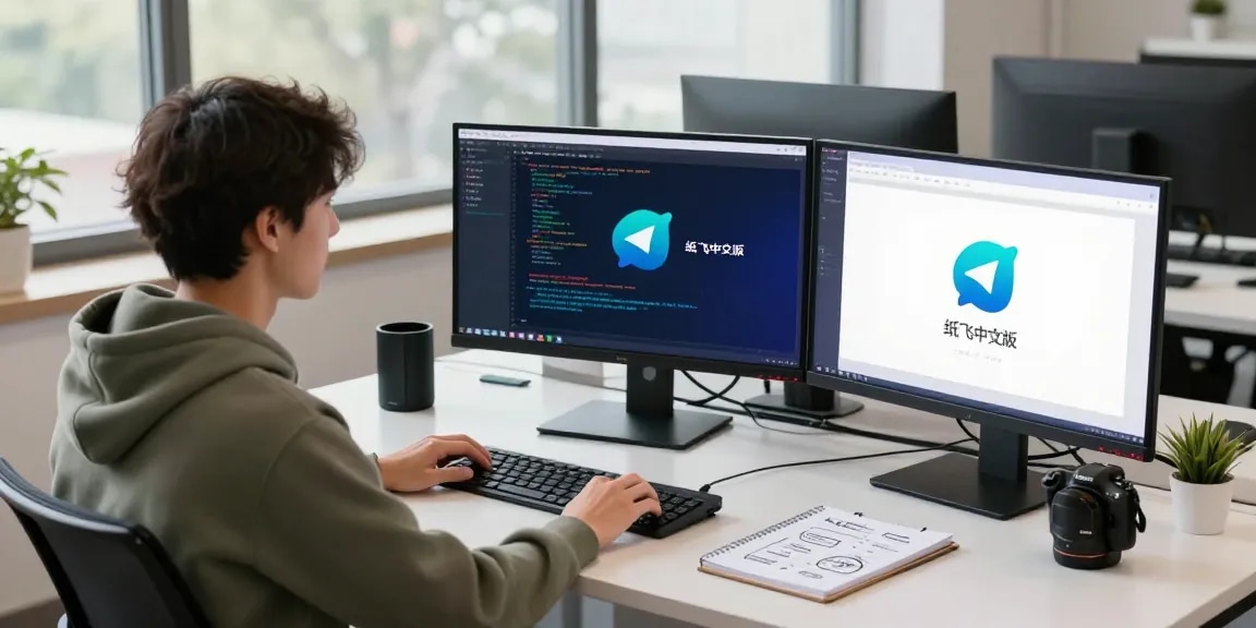 Engaging tech setup showcasing 纸飞机中文版 on multiple screens in a bright workspace.