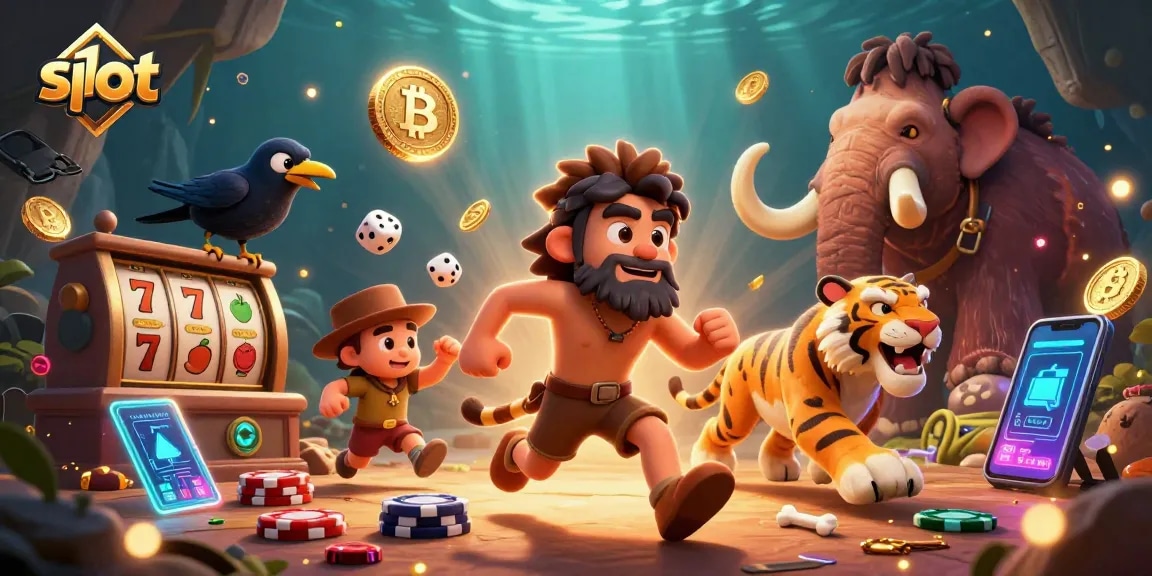 Spin the slot reels in a vibrant prehistoric casino showcasing lively gaming elements.