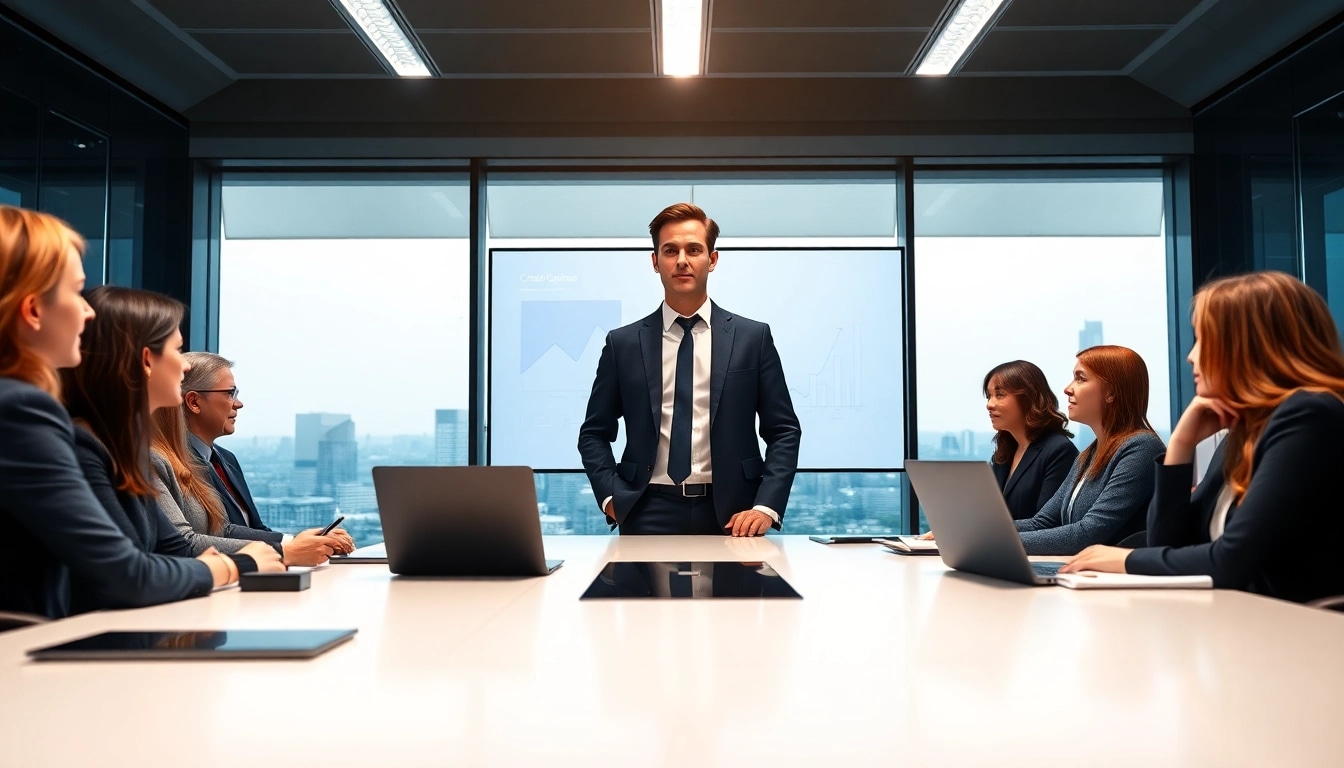 Crisis management consultant leads engaging discussions in a modern office setting.