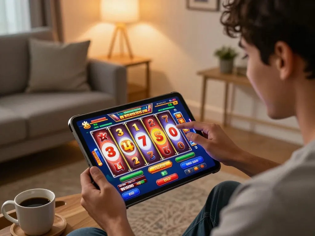 Engaging player spinning reels on situs slot thailand mobile interface in a cozy home setup.
