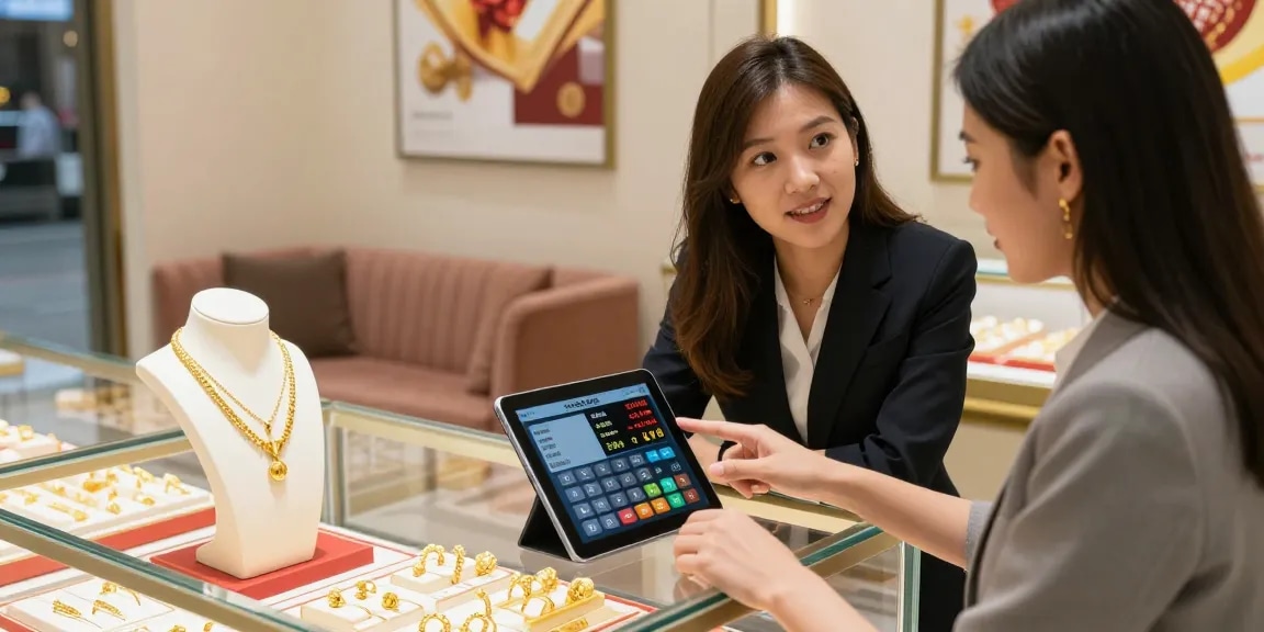 Gold price for today in Malaysia displayed on a tablet in a modern jewelry shop.