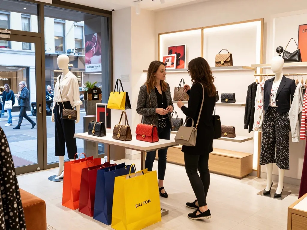 Shopping for high-quality 레플리카 handbags in a trendy urban retail store.
