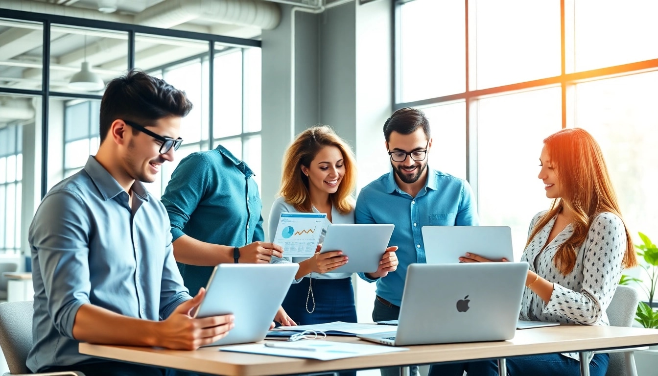 Engaged team at an agencia hubspot collaborating on digital strategy in a modern workspace.