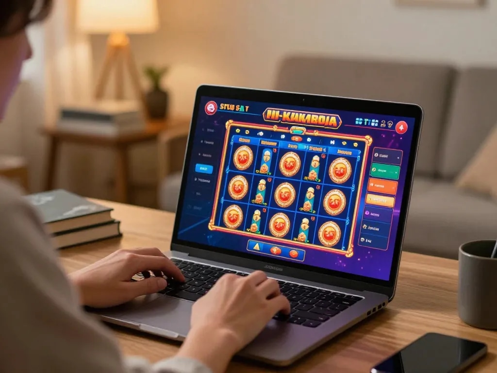 Engaged user playing situs slot kamboja online slots on a laptop, cozy home office ambiance.