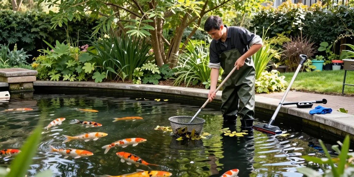 Pond cleaning London with a professional removing debris from a tranquil garden pond.