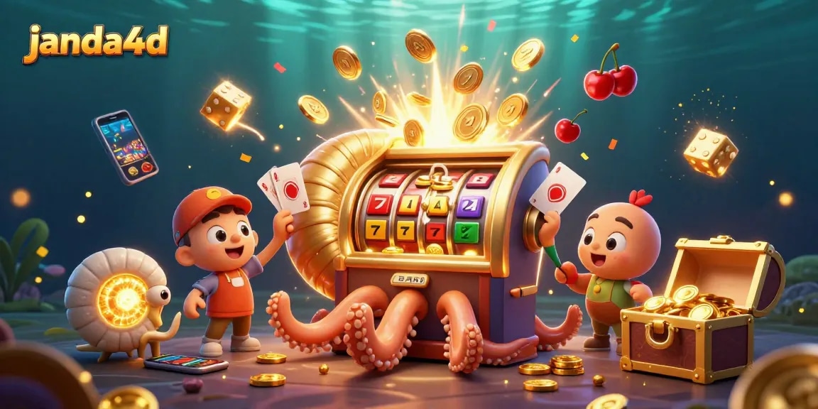 janda4d memutar mesin slot 3D dengan ledakan jackpot penuh koin di tengah suasana kasino yang meriah.