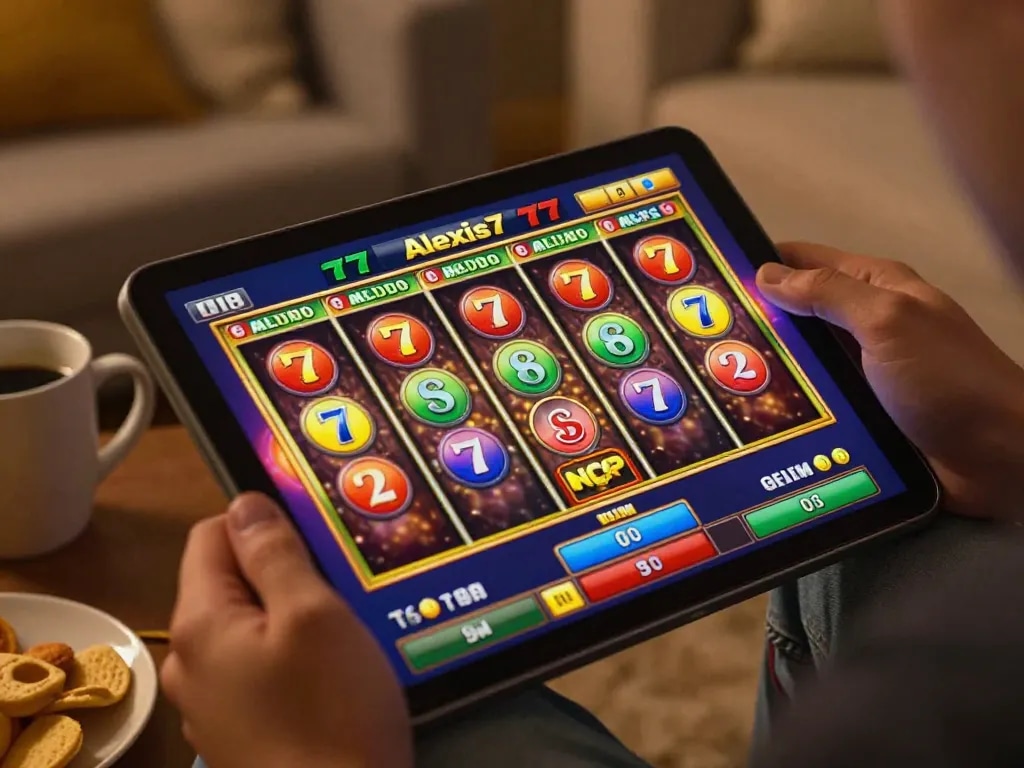 Engaging gameplay experience on alexis77 online slot game showcasing vibrant reels in a cozy home.