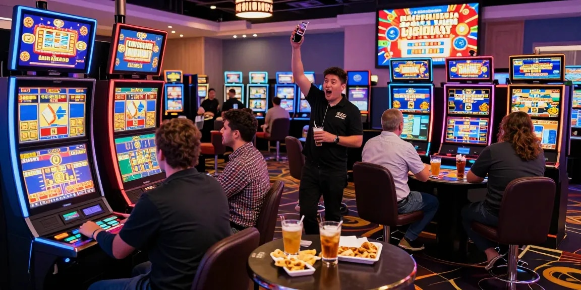 Exciting gaming atmosphere in credit card casinos showing players enjoying various games, vibrant lights and promotions.