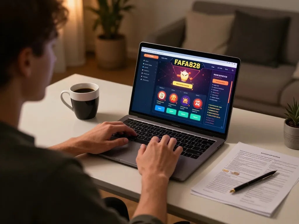 Online gaming session on FAFA828 with laptop and strategy notes, showing engaged player.
