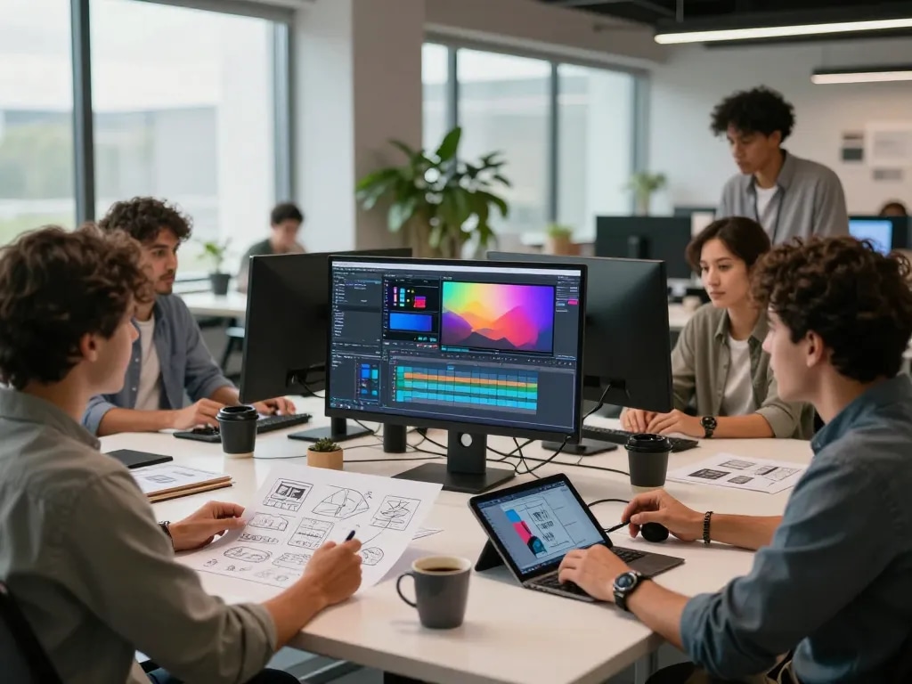 Creative professionals collaborating with Seedance 2.0 for AI video generation in a modern workspace.