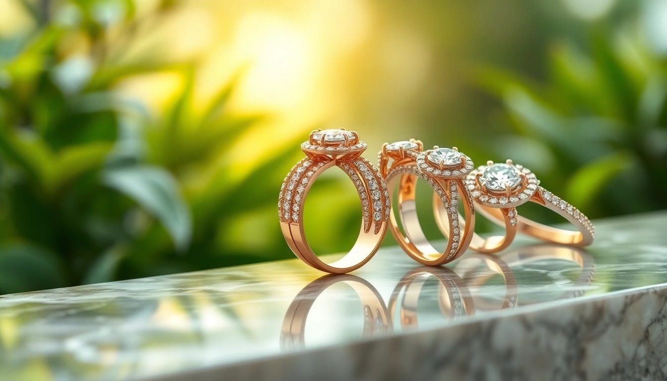 Showcasing exquisite luxury rings with intricate designs and sparkling gems on a polished marble surface.