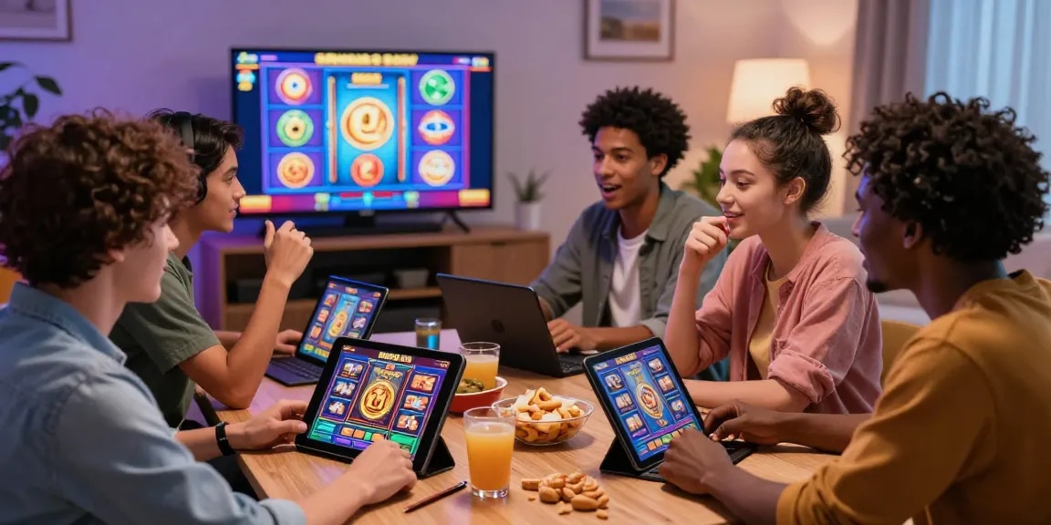 Exciting gaming scene at https://aboutderbyshire.co.uk where friends discuss Bonus Buy slots, showcasing vibrant graphics and a cozy atmosphere.
