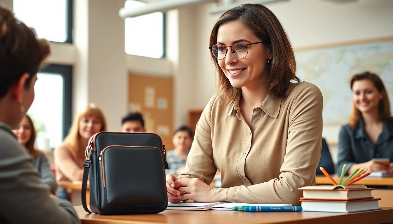 Handytasche Lehrer auf dem Tisch eines Lehrers in einer inspirierenden Klassenzimmerumgebung.