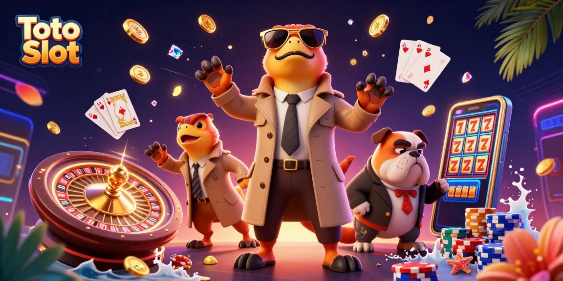 Engage with Toto Slot and experience vibrant casino action with raptors and a bulldog bouncer.