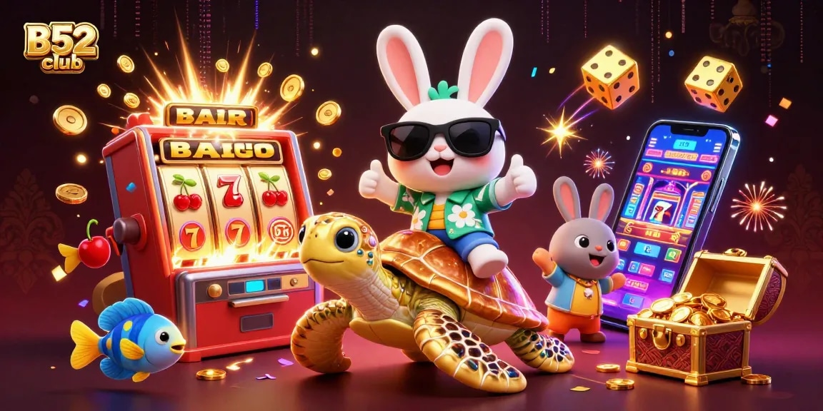 B52club offers an engaging gaming experience featuring a lucky rabbit and a golden turtle winning big with colorful slot-themed elements.