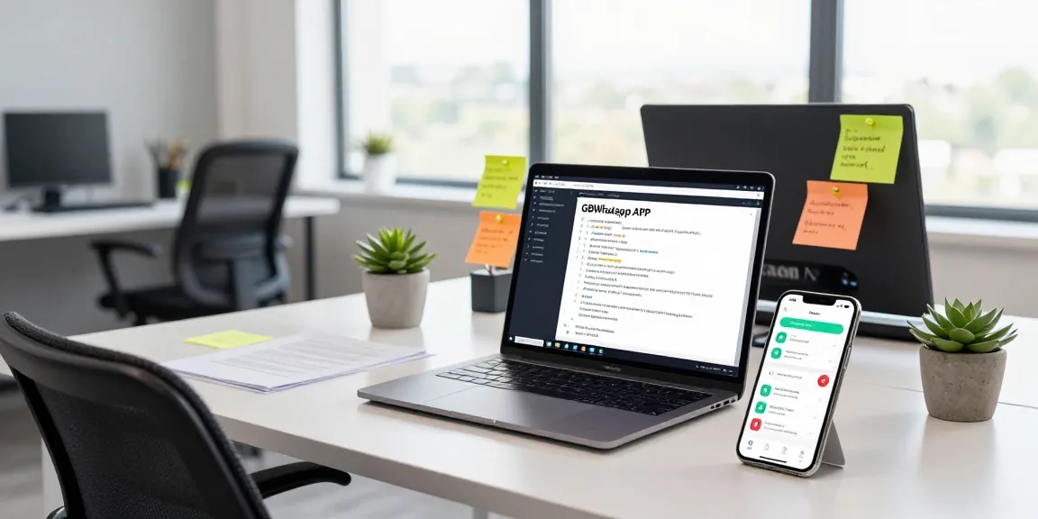 App developer working on gbwhatsapp APK code at a modern desk with bright surroundings.
