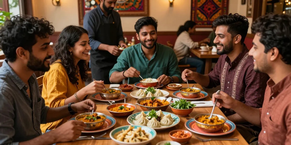 Friends enjoying rokok88's premium Indian curry and Nepalese momo in a vibrant restaurant setting.