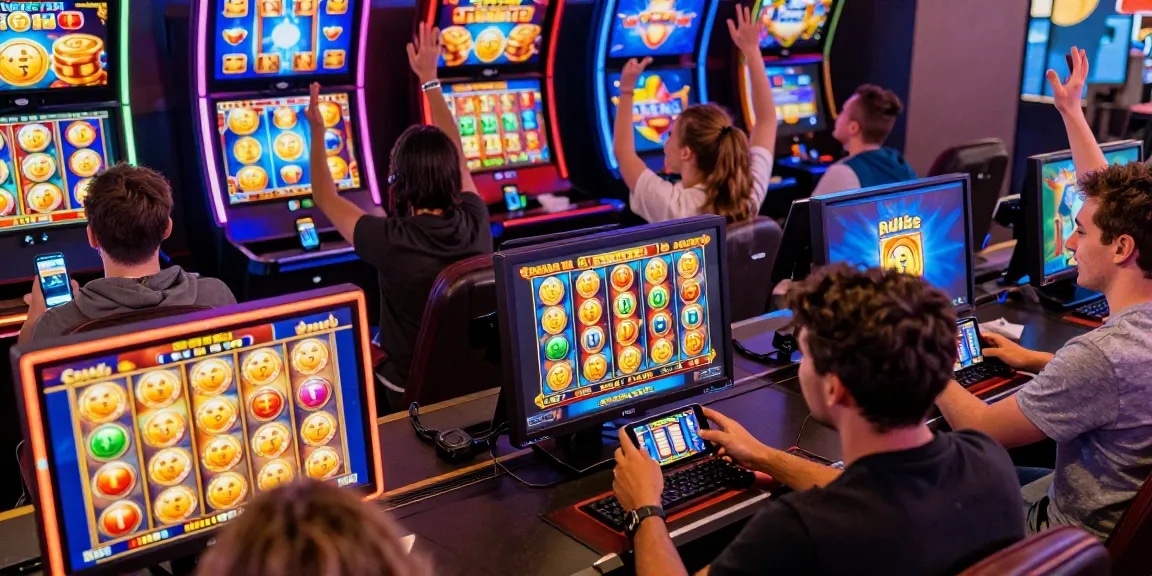 Exciting online slot players engaging with interactive games in a vibrant atmosphere.