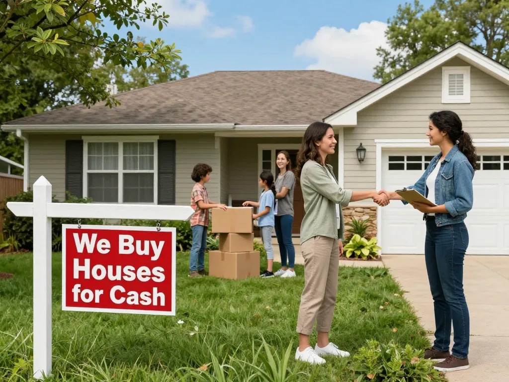 We buy houses for cash agreement between sellers and buyers outside a charming suburban home.