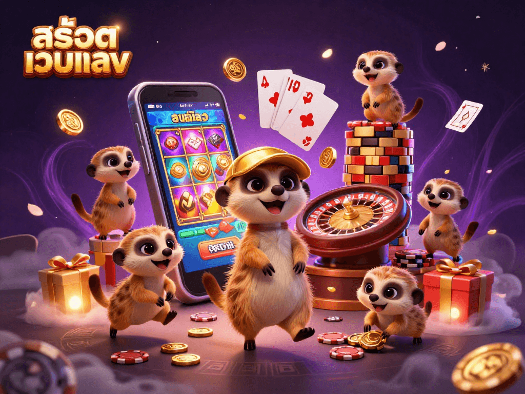 Spin and win big with สล็อตเว็บตรง as meerkats run a dynamic casino operation in a vibrant 3D setting.