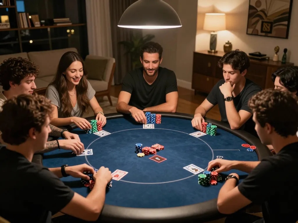 Players enjoying an engaging u888 poker night with colorful chips and warm ambiance.