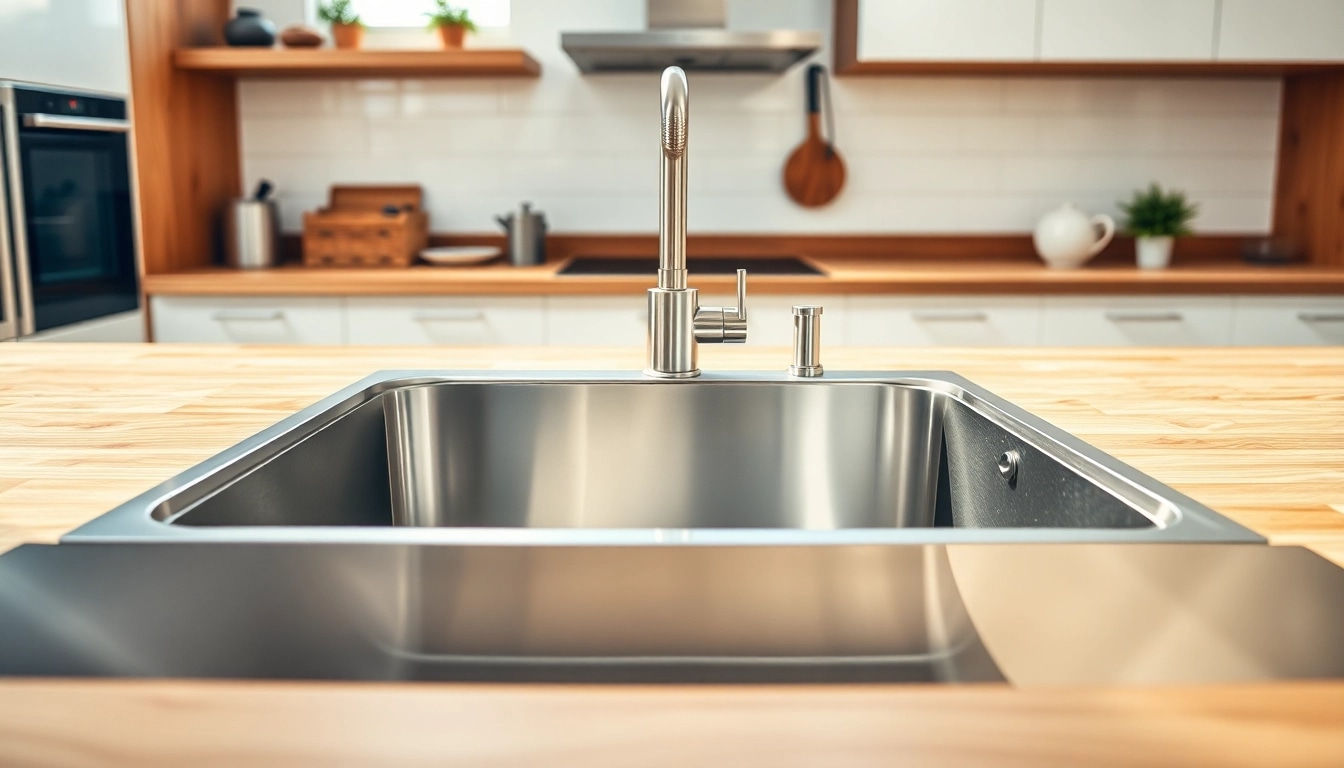 Highlighting a kitchen sink in stainless steel against a modern kitchen setting.