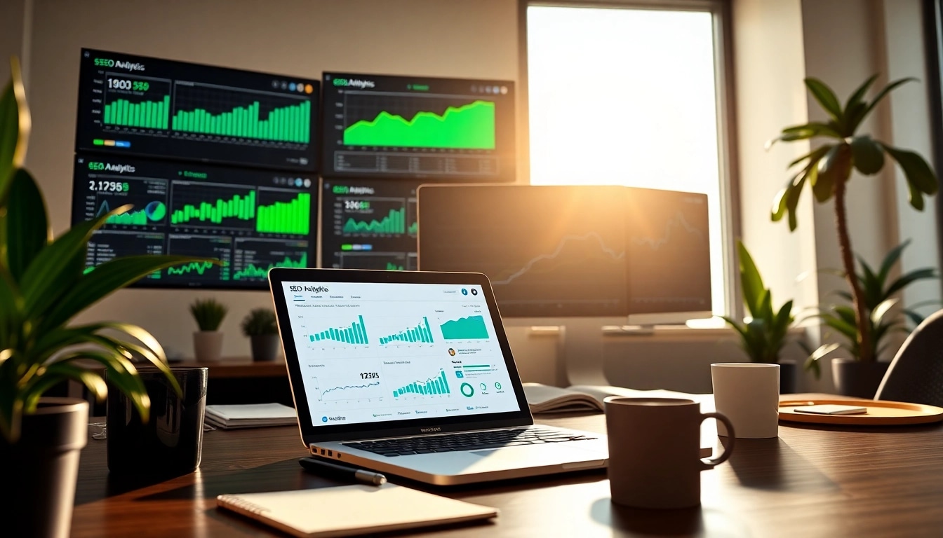 Analyze SEO performance metrics in a vibrant digital workspace.
