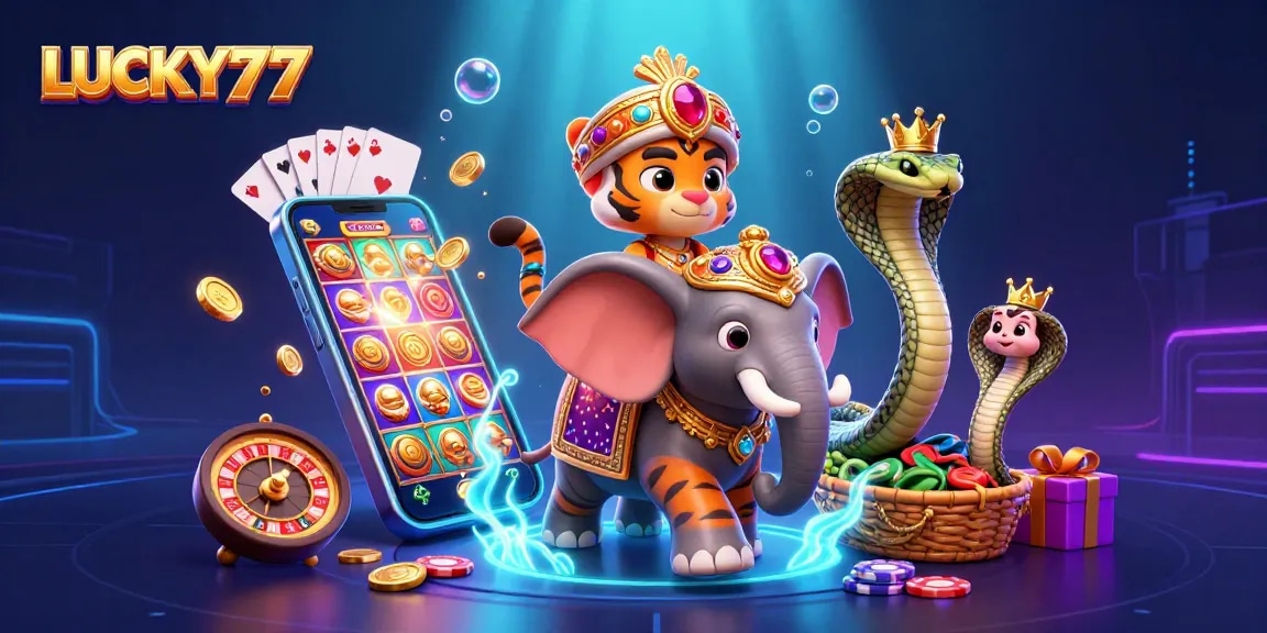 LUCKY77 reveals thrilling slots experience with vibrant game elements in an exciting 3D scene.