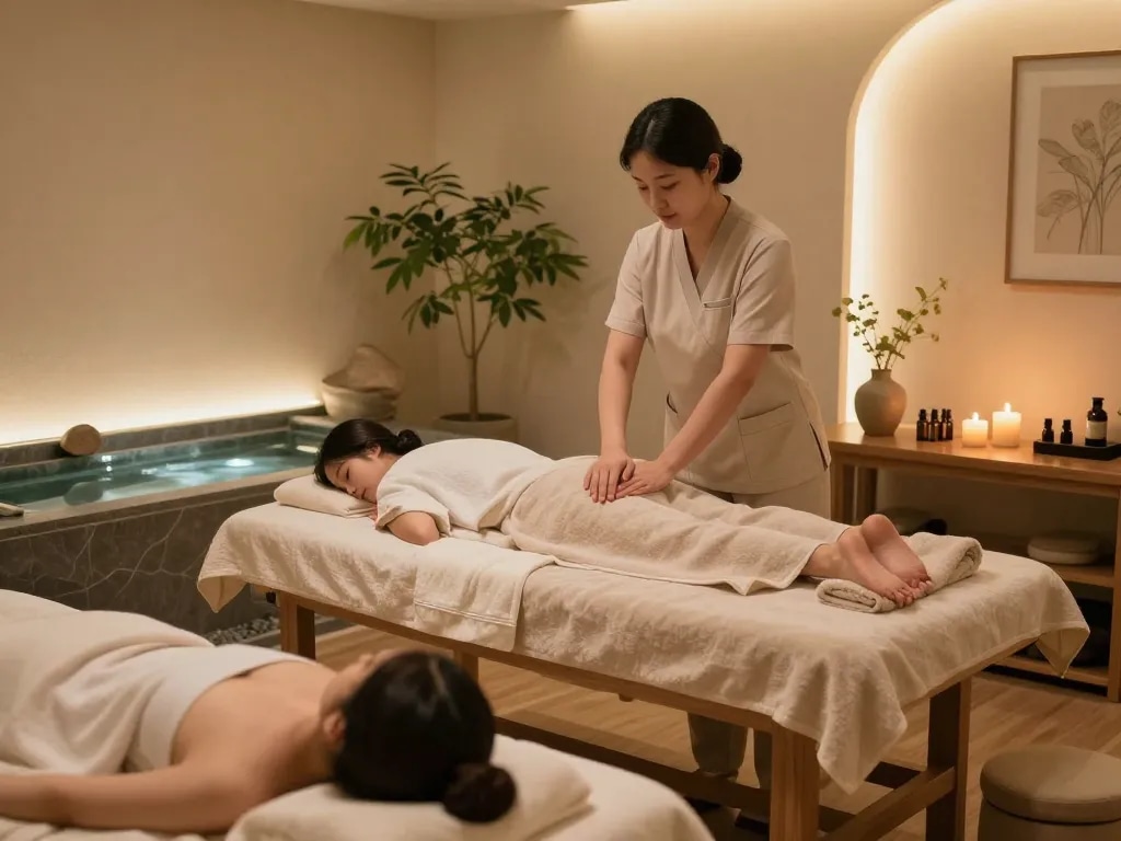 Relaxing massage room ambiance for 논현동마사지 with calming decor and essential oils.
