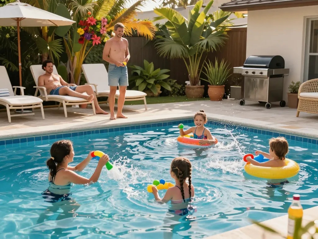 Dolphin Pool Services family enjoying a summer day by a well-kept pool, colorful toys and tropical plants creating a vibrant atmosphere.