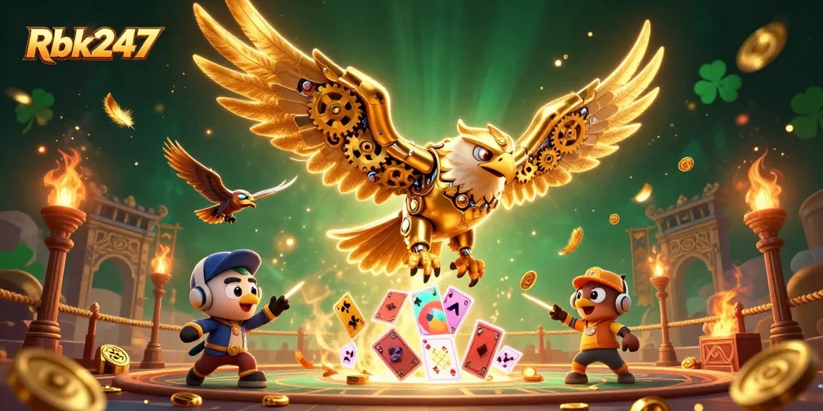 Experience Rbk247's gaming adventure with a cybernetic eagle diving through playing cards.