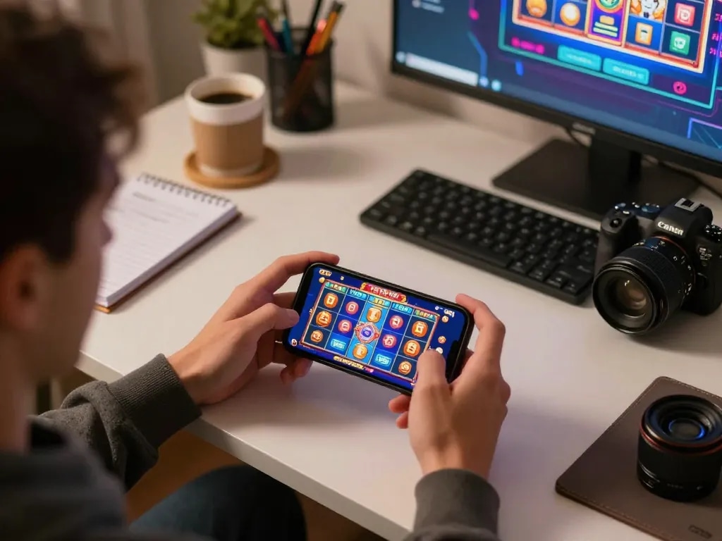 Engaging moment using mobile for gambling while playing download apk slot bet 50 perak.