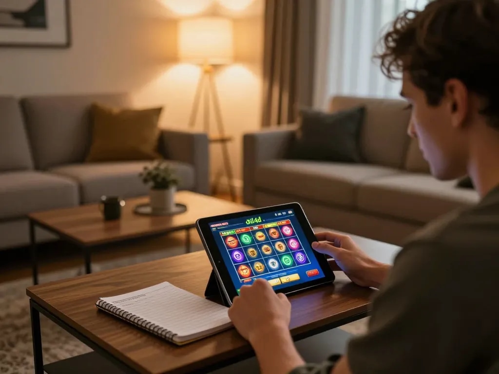 Player engaging with oli4d slot games on tablet in cozy home setting, demonstrating online gaming strategies.