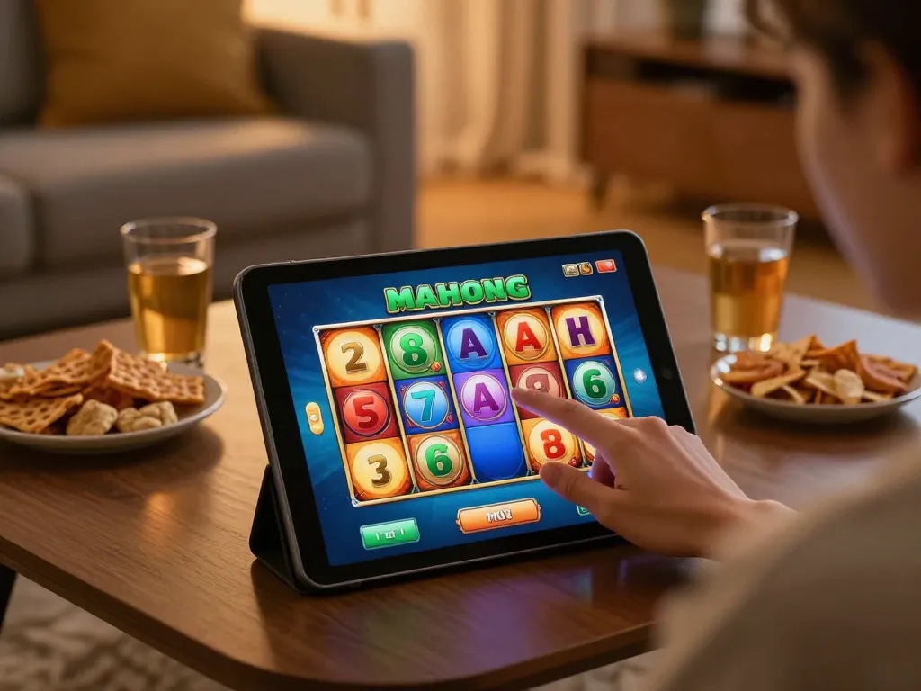 Play Mahjong Slot on a tablet in a cozy home setting during an exciting gaming session.