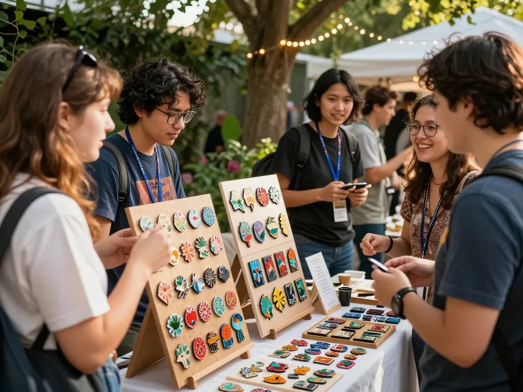 Custom acrylic pins displayed at vibrant artisan market, showcasing unique designs and eco-friendly materials.