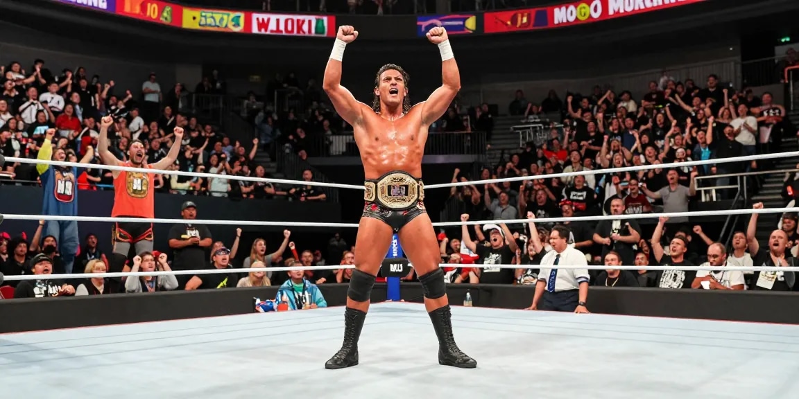 MJF showcasing his wrestling championship at a packed WWE event.