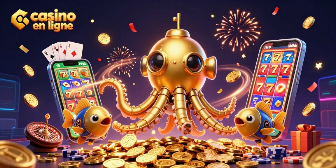 Jouez sur un casino en ligne captivant avec une illustration dynamique de kraken et des éléments de jeu.