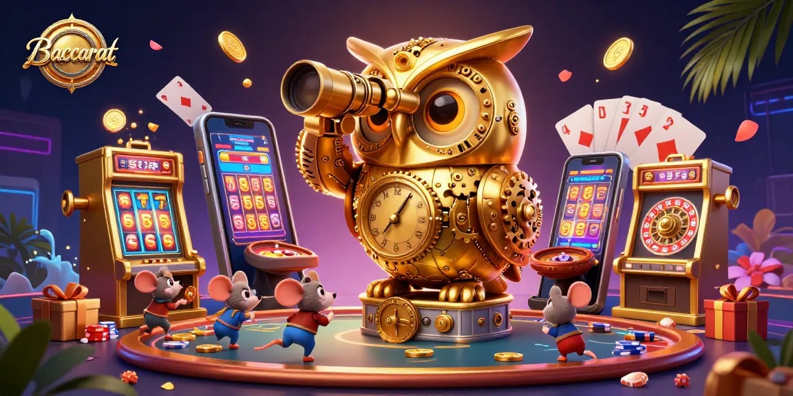 Baccarat game scene with a clockwork owl and casino elements, showcasing dynamic gambling energy.