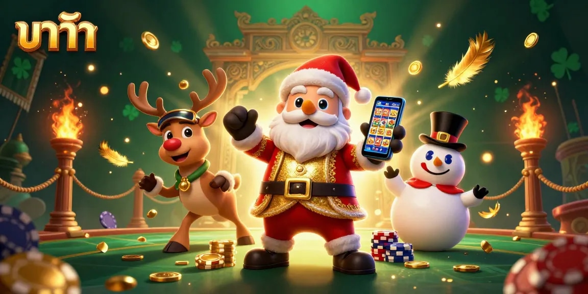 Engage in บาคาร่า action with a vibrant, fun casino scene featuring Santa, his reindeer dealer, and poker chip snowman.